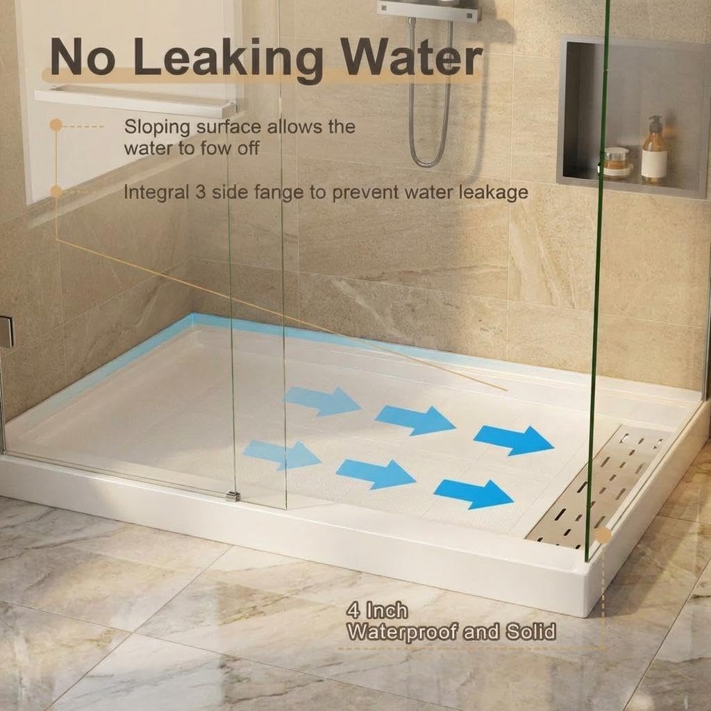 Shower Pan 48' x 32' Non-Slip SMC Shower Base, Right Drain with 304 Stainless Steel Square Drain Cover, Single Threshold Floor Shower Tray Kit for Easy Installation, White