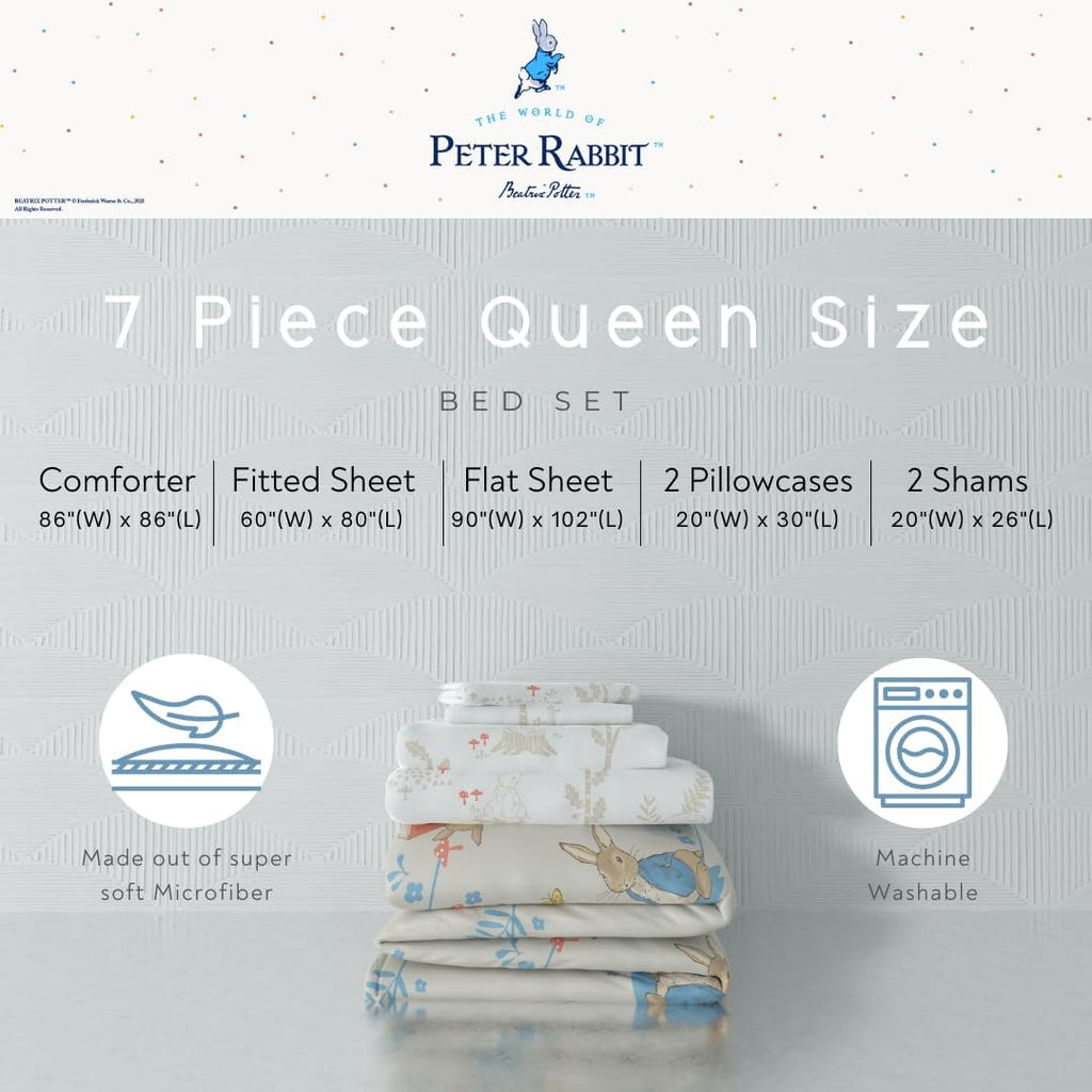 Peter Rabbit Kids Bedding Super Soft & Cozy Reversible Microfiber Comforter and Sheet Set with Sham, 7 Piece Queen Size, (Officially Licensed Product) by Franco