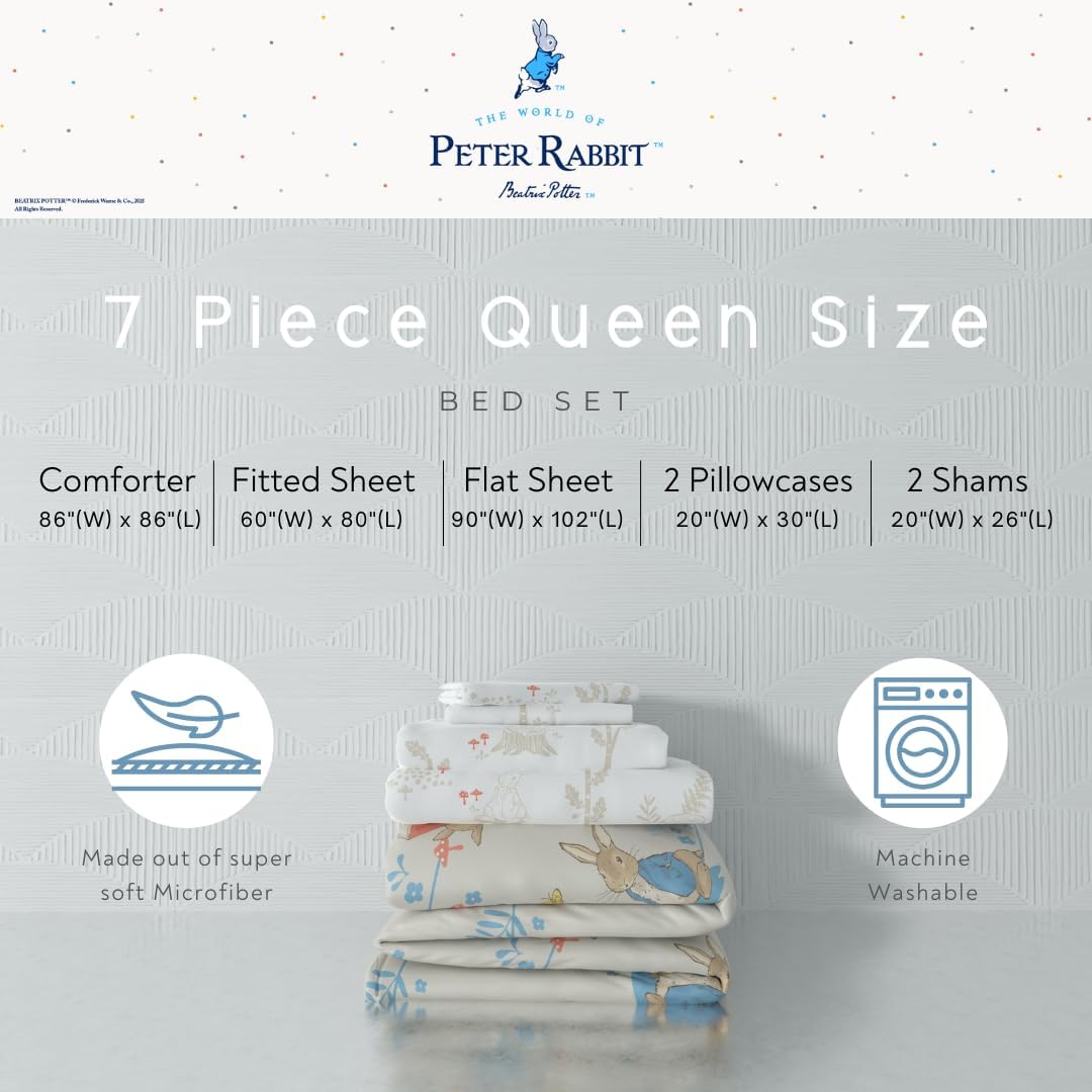 Peter Rabbit Kids Bedding Super Soft & Cozy Reversible Microfiber Comforter and Sheet Set with Sham, 7 Piece Queen Size, (Officially Licensed Product) by Franco