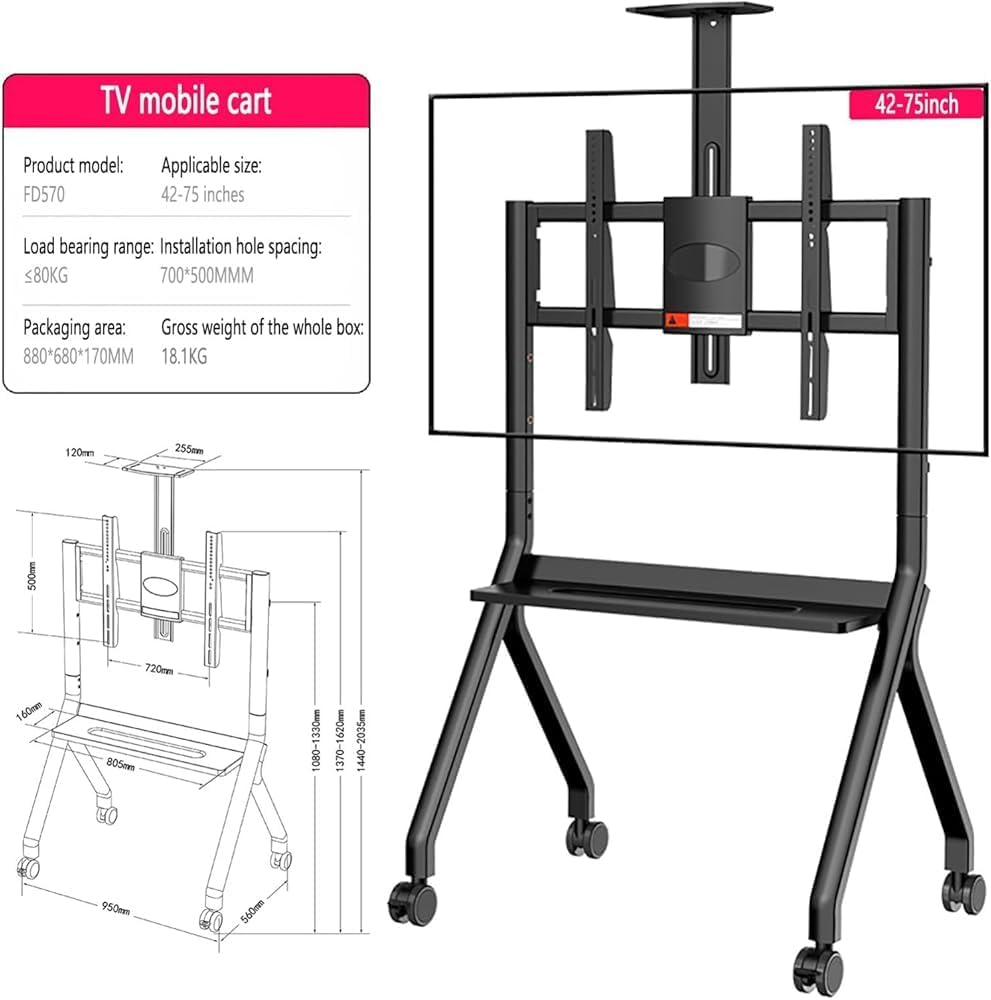 Universal Floor Stand for Interactive Whiteboards and TVs, Mobile Base with Lockable Wheels for Secure Movement in Office, Classroom, and Home Settings