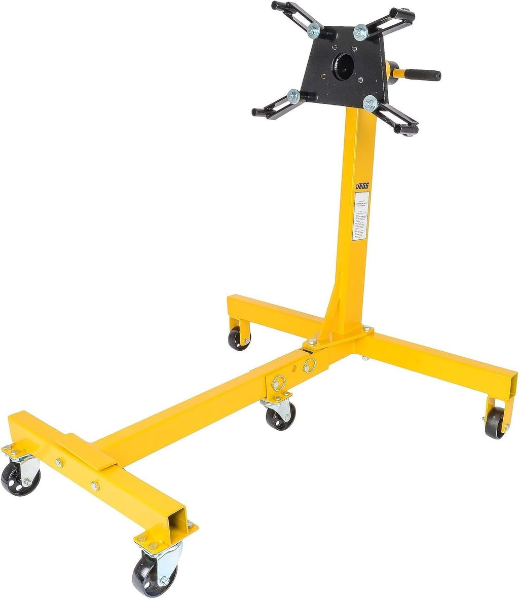 JEGS Folding Engine Stand | Yellow Finish | 1250 LBS Capacity | 360 Degree Adjustable Mounting Head | 5 Ball-Bearing Swivel Caster Wheels | Heavy-Duty Square Steel Frame