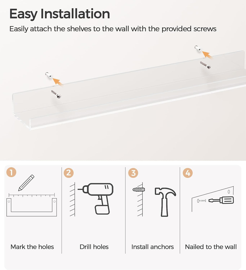 HBlife 48 Inches Invisible Wall Floating Bookshelf for Kids and Nursery, Clear Acrylic Shelves for Figures, 16 Inch Stud Spacing Long Large Picture Ledge Shelf for Photo Frames, 4 Pack (5MM Thick)
