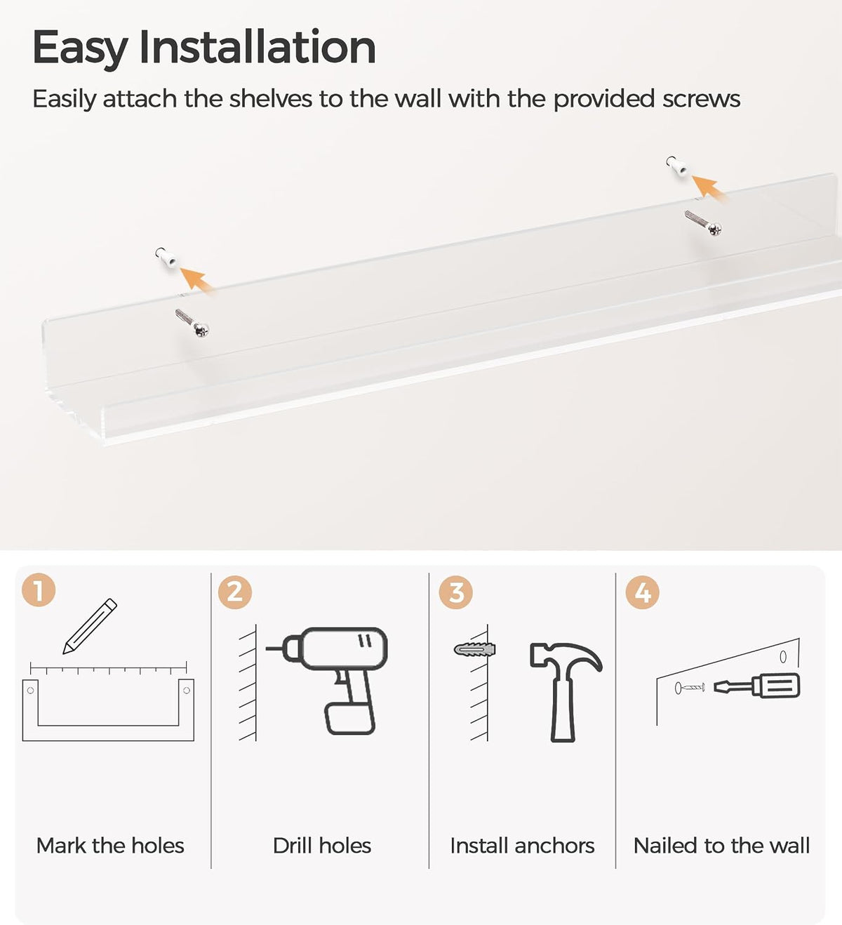 HBlife 48 Inches Invisible Wall Floating Bookshelf for Kids and Nursery, Clear Acrylic Shelves for Figures, 16 Inch Stud Spacing Long Large Picture Ledge Shelf for Photo Frames, 4 Pack (5MM Thick)
