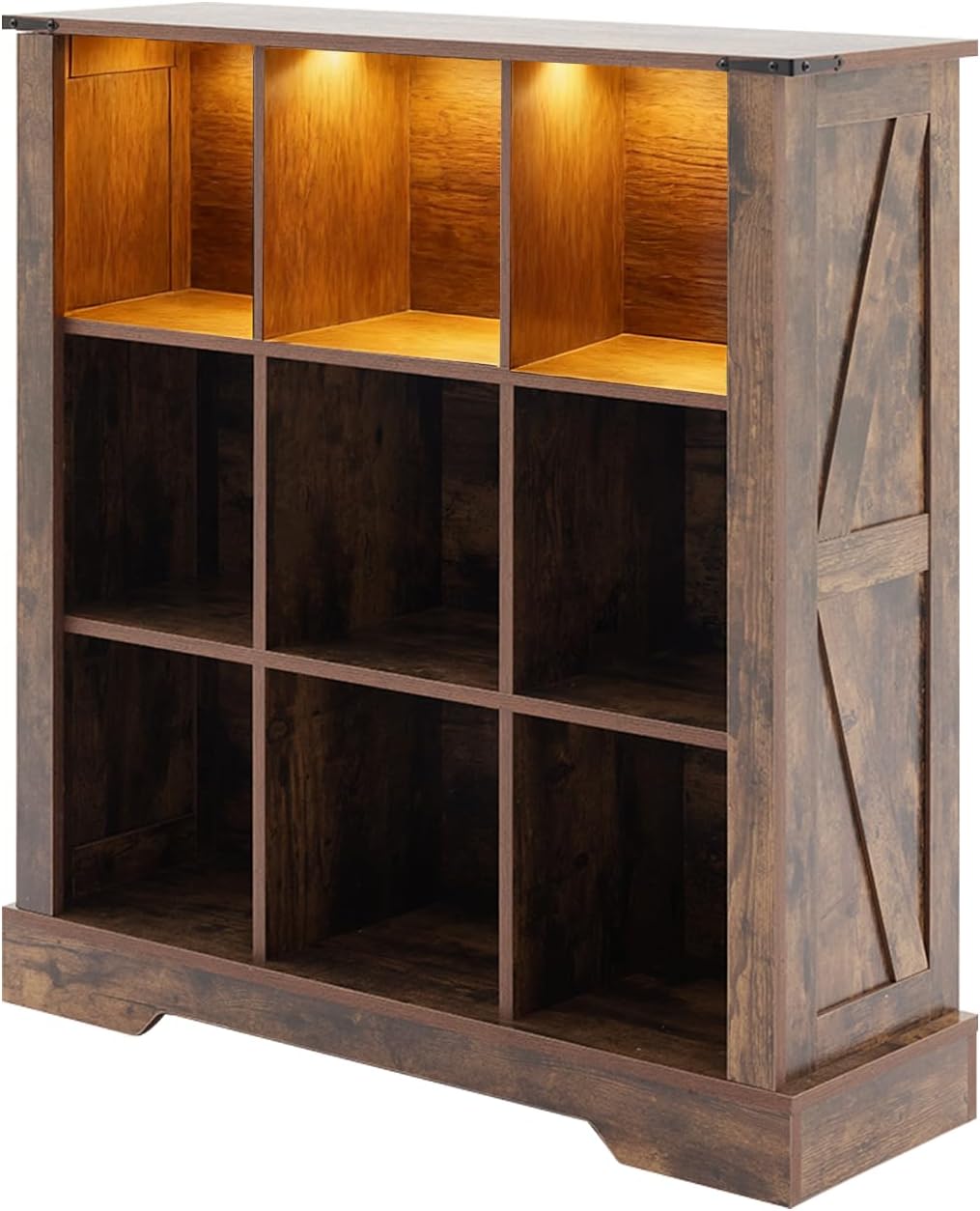 9 Cube Storage Organizer, Wood Cube Bookshelf with LED Lights, Horizontal Storage Cubes, Kids Bookshelf, Display Cabinet Cubby Shelf for Living Room Home Office Bedroom，Brown