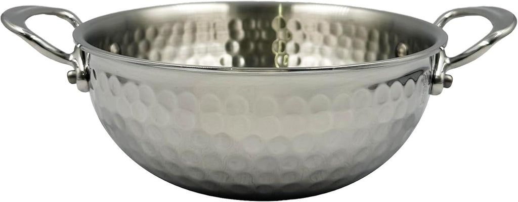 Mauviel M'Elite 5-Ply Hammered Polished Stainless Steel Curved Splayed Saute Pan, And Cast Stainless Steel Handles, 2.1-qt, Made in France