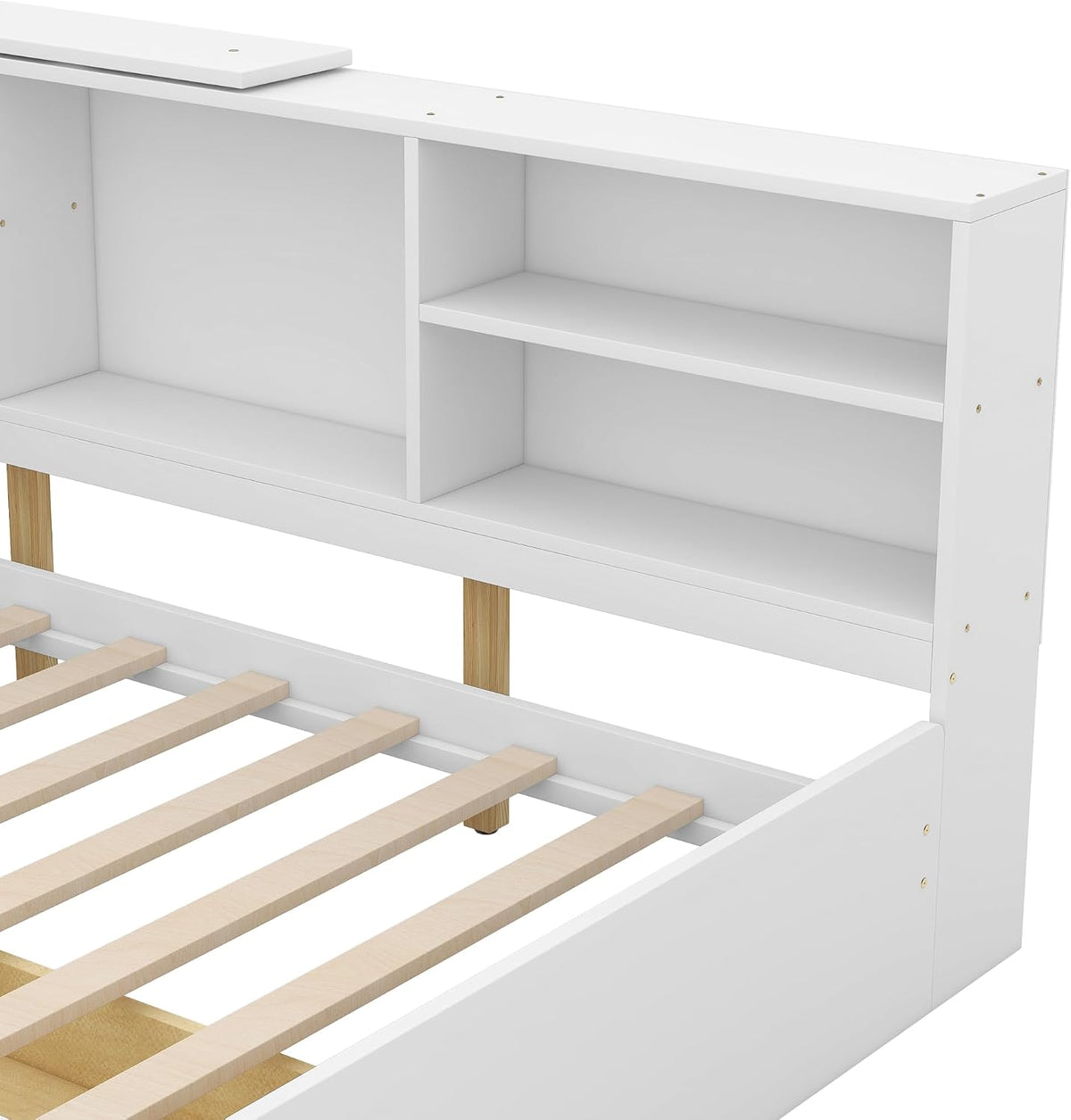 Merax Corner Twin Bed Frame, Wood Platform Bed with Storage Headboard, Twin Size Daybed with 2 Drawers and Rotatable Storage Board for Living Room,Bedroom,Guest Room,White