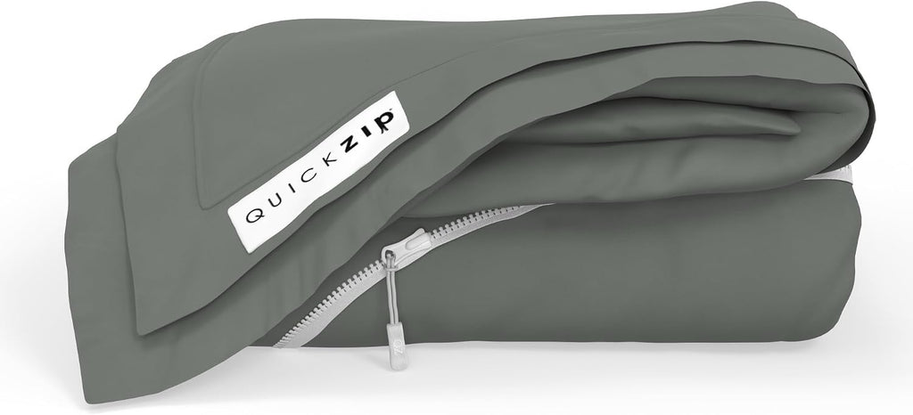 QuickZip Fitted Plus Spare Bundle: 1 Fitted Sheet (Base + Zip Sheet) & 1 Zip Sheet - Easy to Change, Won't Pop Off - Soft Sateen 400 TC 100% Cotton - 15' Deep Pockets RV King Size – Slate Gray