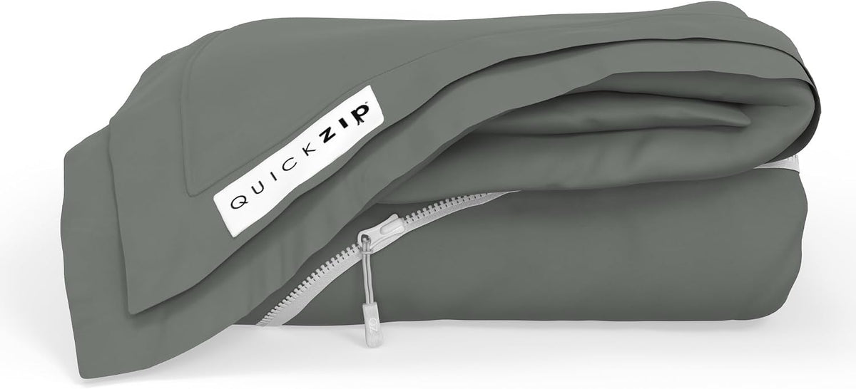 QuickZip Fitted Plus Spare Bundle: 1 Fitted Sheet (Base + Zip Sheet) & 1 Zip Sheet - Easy to Change, Won't Pop Off - Soft Sateen 400 TC 100% Cotton - 15' Deep Pockets RV King Size – Slate Gray