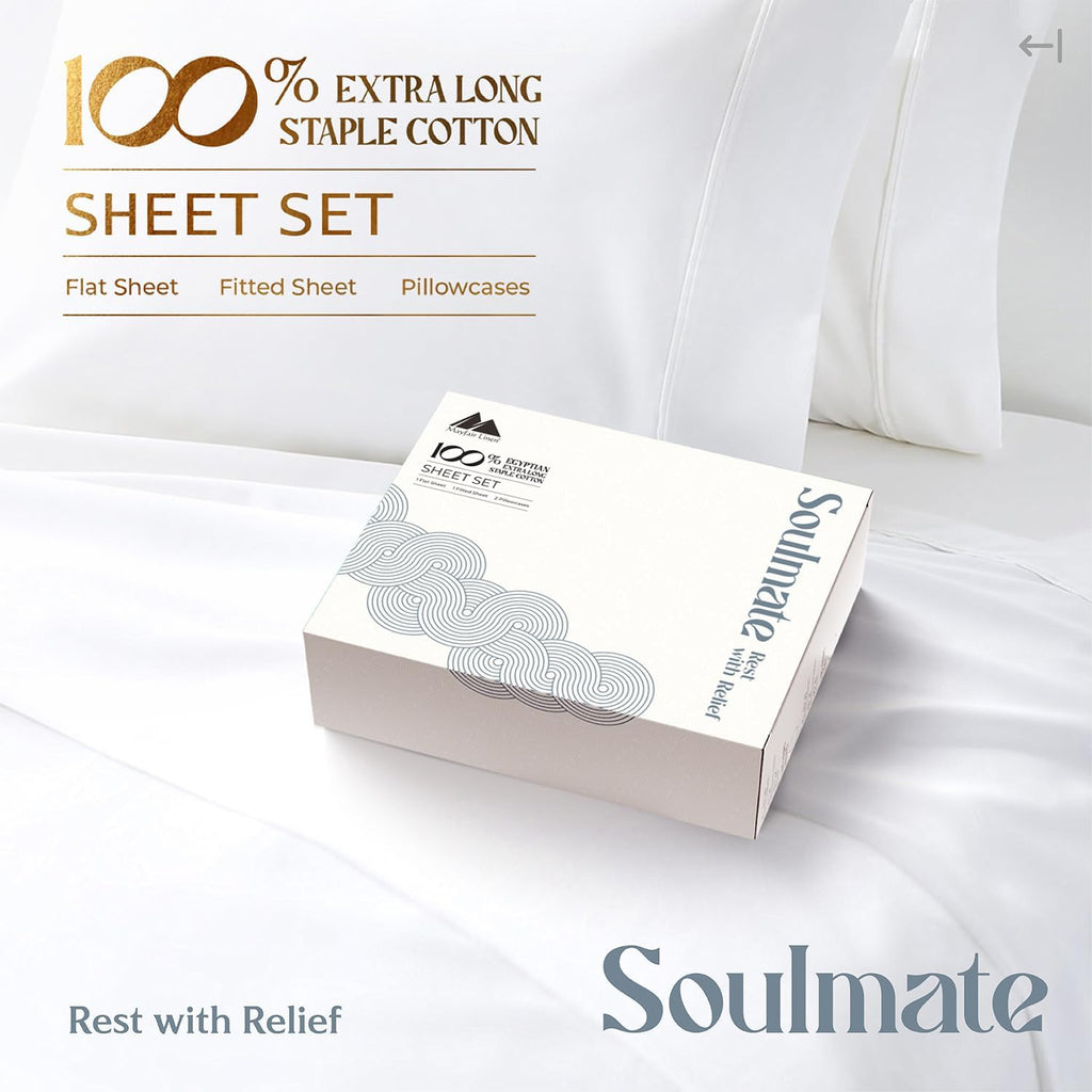 Mayfair Linen 100% Egyptian Cotton 2 Pack Queen Sheet Set - Luxury 500 Series Soulmate Collection Cotton Sheets Queen Size (8 PC, White), Soft, Cooling, Sateen 16' Deep Pocket Hotel Quality Sheet