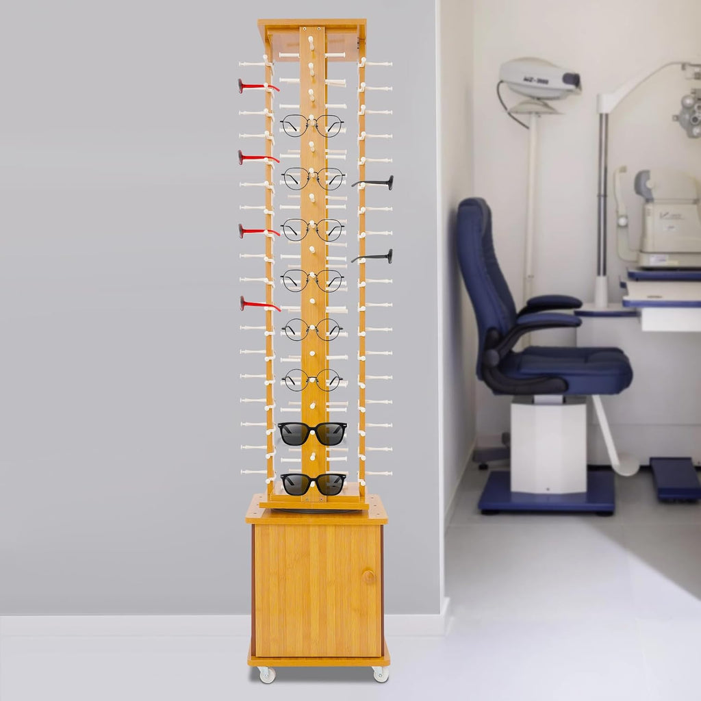 72-Pair Eyeglass Display Rack, Floor-Standing Rotating Glasses Storage Display Stand with Wood Frame, Storage Cabinet & Swivel Wheels for Retail Eyewear Organization
