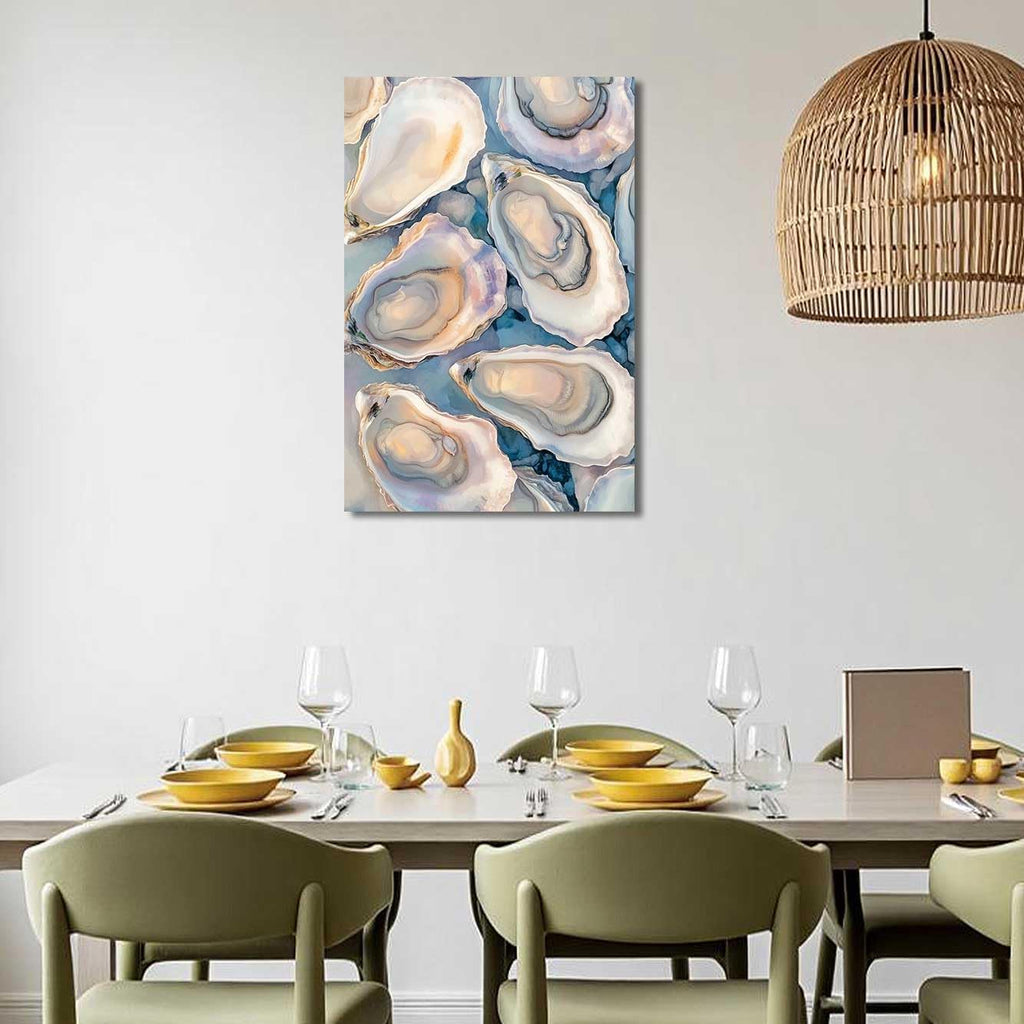 BJYCHG Oyster Wall Art Kitchen Pictures Oyster Shell Watercolor Canvas Prints Coastal Beach Aesthetic Poster Paintings Blue and Grey Bathroom Dining Room Decor Framed (42L x 28W)