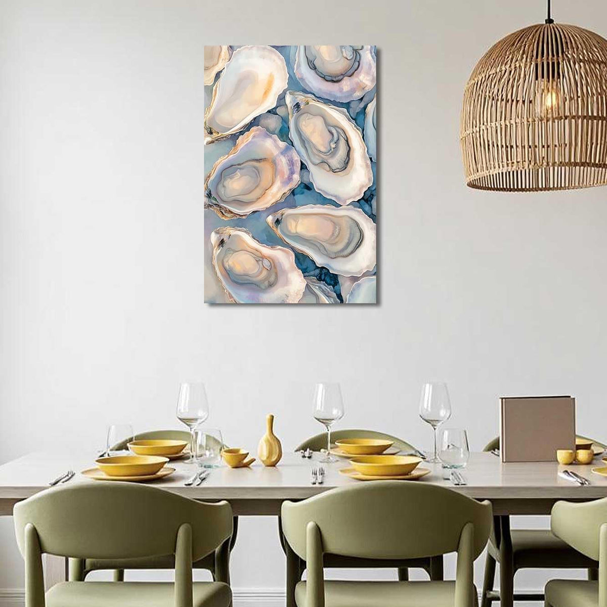 BJYCHG Oyster Wall Art Kitchen Pictures Oyster Shell Watercolor Canvas Prints Coastal Beach Aesthetic Poster Paintings Blue and Grey Bathroom Dining Room Decor Framed (42L x 28W)