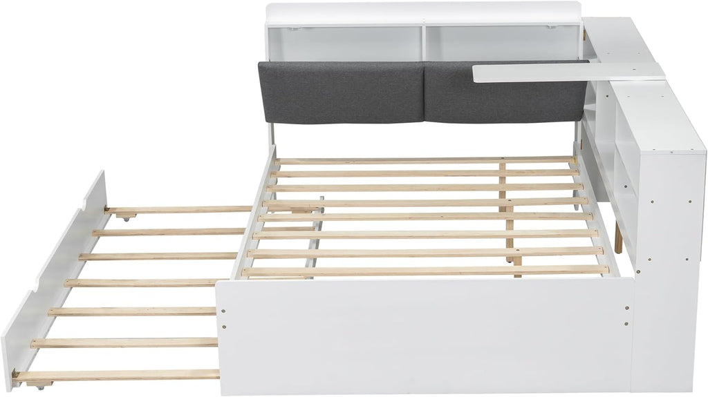 Merax Corner Full Bed Frame, Wood Platform Bed with Storage Headboard, Full Size Daybed with Trundle and Rotatable Storage Board for Living Room,Bedroom,Guest Room,White
