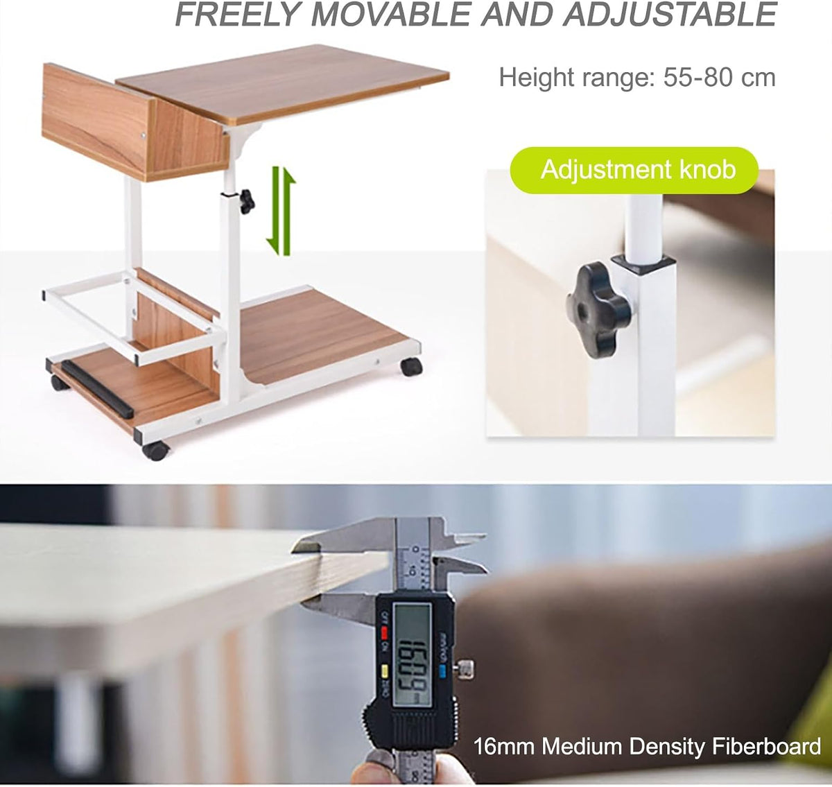 Height Adjustable Overbed Table with Wheels Mobile Computer Desk Makeup Vanity Desk with Storage, Mobile Laptop Standing Desk Cart(Black)