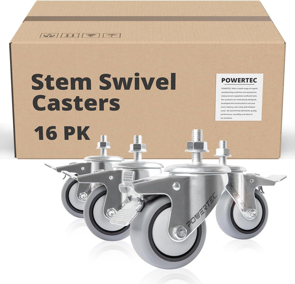 POWERTEC 17201-Case4 3' Heavy Duty Threaded Stem Swivel Caster Wheels with 600 lbs Total Loads, Dual Locking Industrial Castor Wheels for Workbench, Dolly, Cart & Furniture, (Pack of 16)