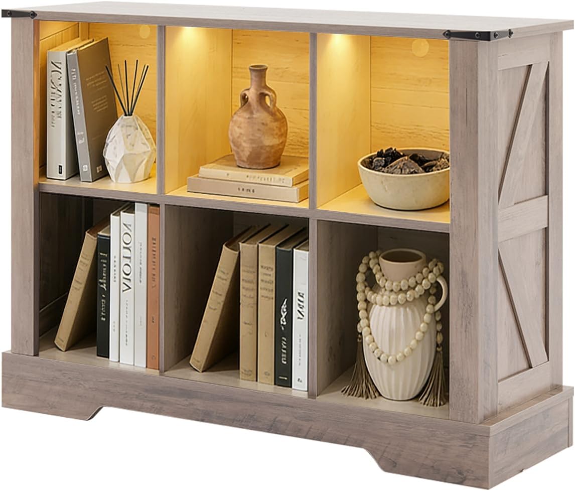 6 Cube Storage Organizer, Wood Cube Bookshelf with LED Lights, Horizontal Storage Cubes, Kids Bookshelf, Display Cabinet Cubby Shelf for Living Room Home Office Bedroom, Grey