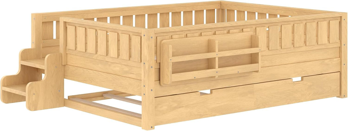 Bellemave Full Bed with Trundle and Stairs, Full Size Platform Bed Frame with Fence and Bookshelf, Easy Assemble Beds for Kids, Girls, Boys, Light Natural