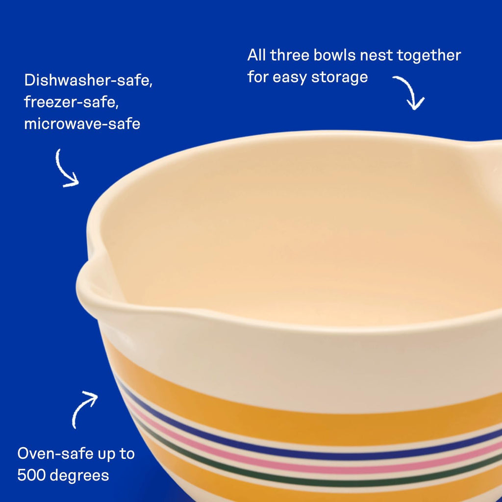 Great Jones Stir Crazy 3-Piece Stackable Ceramic Mixing Bowl Set (6.8', 9.1', 12') | Dishwasher, Freezer & Microwave Safe | Perfect for Baking, Serving & Mixing | Nestable for Easy Storage (Striped)