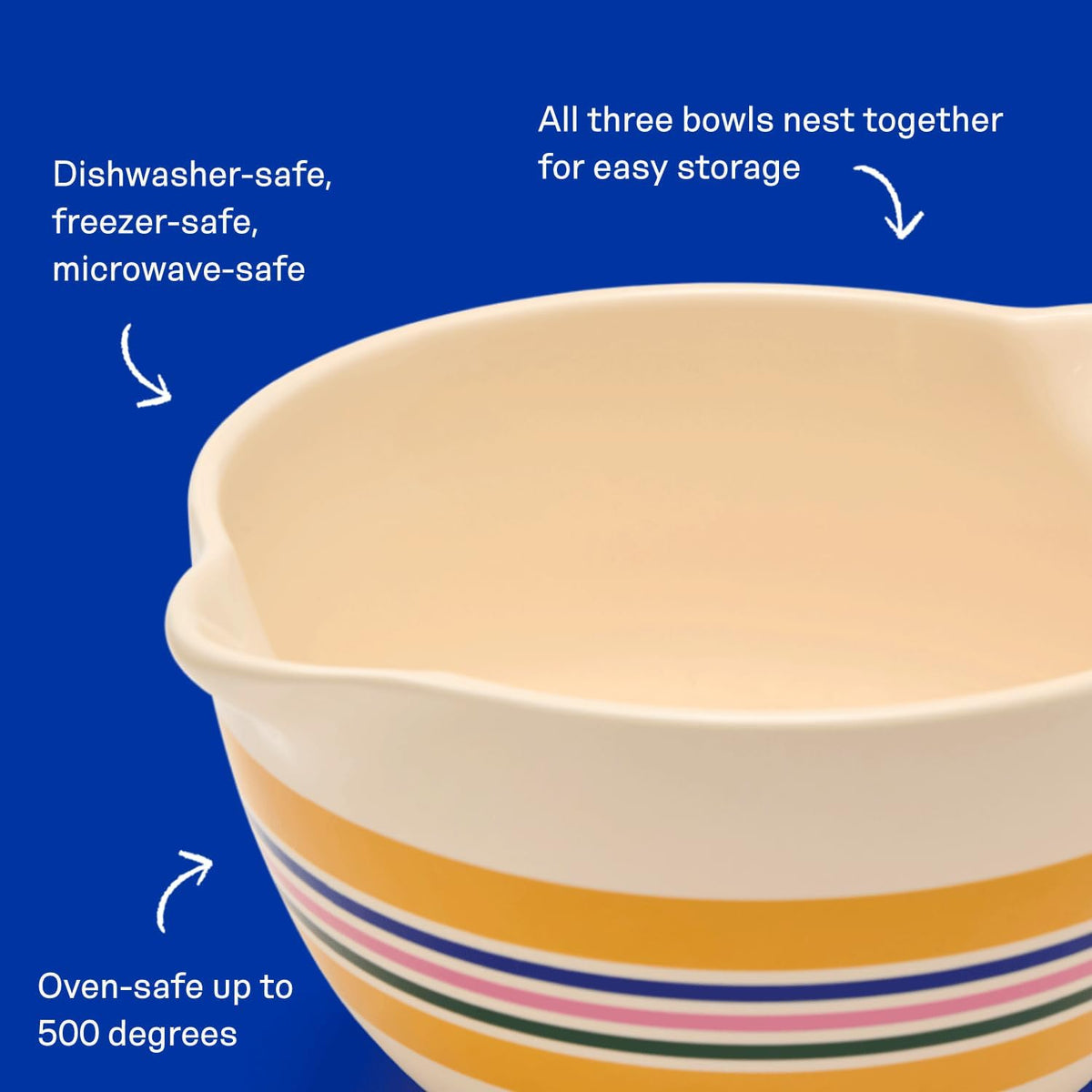 Great Jones Stir Crazy 3-Piece Stackable Ceramic Mixing Bowl Set (6.8', 9.1', 12') | Dishwasher, Freezer & Microwave Safe | Perfect for Baking, Serving & Mixing | Nestable for Easy Storage (Striped)