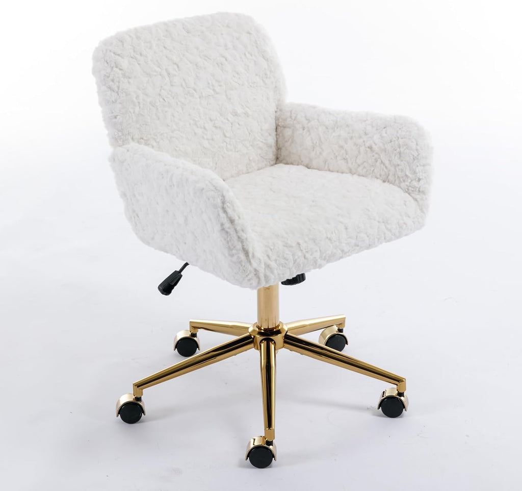 Plush Faux Fur Desk & Vanity Chair with Gold Base – Comfy Adjustable Girls Desk Chair, Makeup Chair, 360° Swivel, Tilt Backrest, Rolling Wheels – Modern Chic Home Office Seating,White