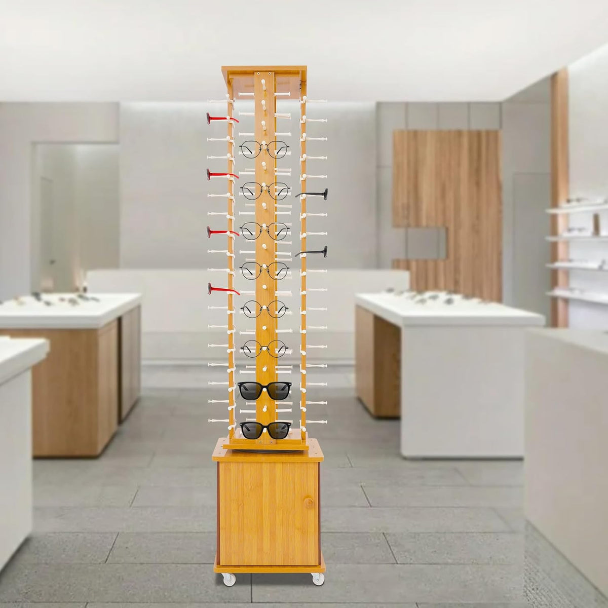 72-Pair Eyeglass Display Rack, Floor-Standing Rotating Glasses Storage Display Stand with Wood Frame, Storage Cabinet & Swivel Wheels for Retail Eyewear Organization