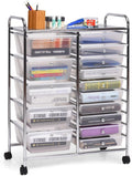 LUARANE Rolling Cart with 15 Drawers, Craft Storage Cart with Portable Handles & Lockable Wheels, Mobile Toys Organizer, Large Capacity Utility Drawer Cart Home Office School Teacher (Clear)