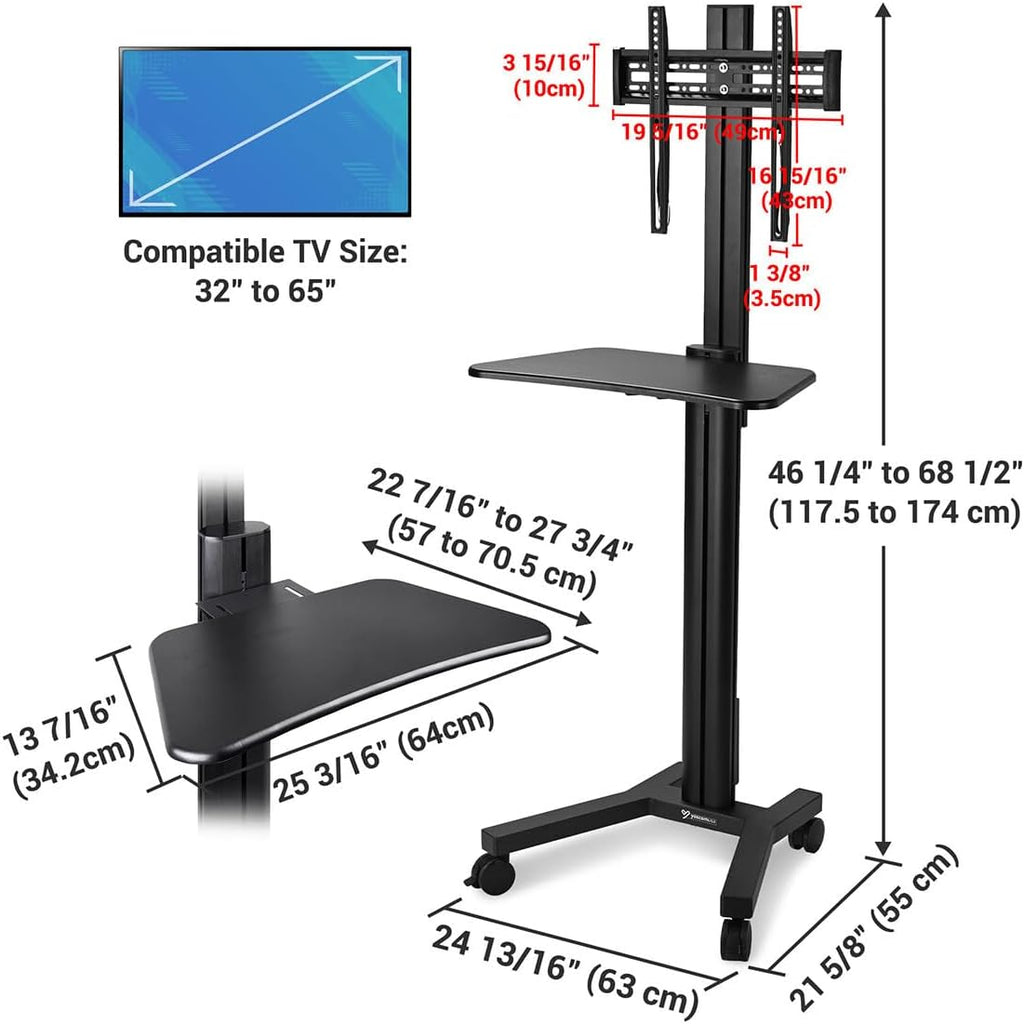 AW NexusX Presenter Medical Mobile TV Stand on Wheels Aluminum Heavy Duty with Laptop Shelf for 32 to 65 Inch LCD LED Screen TVs Dental Clinics Hospital