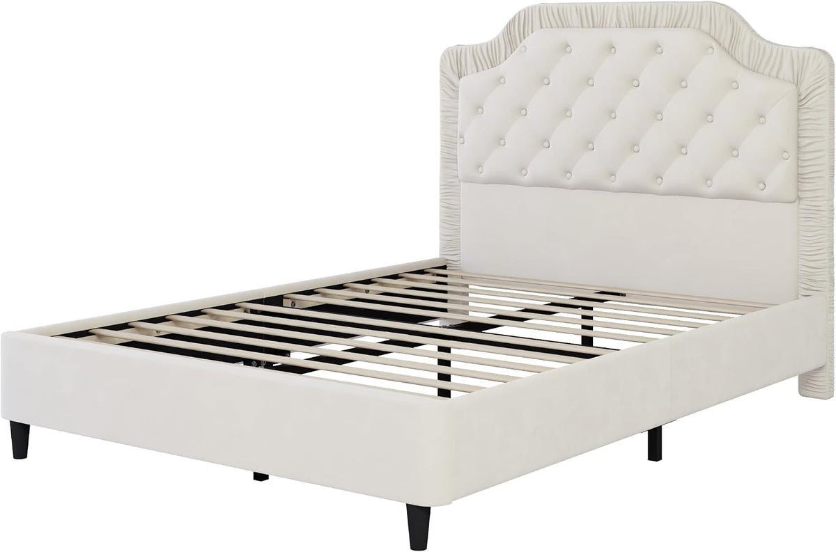 2-Pieces Bedroom Sets, Full Size Tufted Velvet Upholstered Platform Bed with Storage Ottoman Bench for Kids Teens Adult Bedroom, Wood Slat Support, No Box Spring Needed (White-2Z)