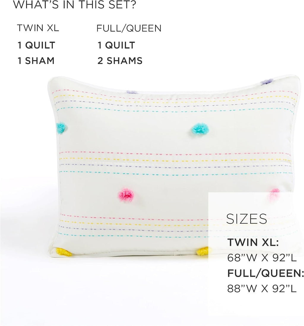 Lush Decor Rainbow Pom Pom and Stripes Quilt Set, 3 Piece Set, Full/Queen, White & Rainbow - Fun & Colorful Kids Bedding Set - Rainbow Quilt for Teen Dorm Decor - Striped Quilt - Girls Bedroom Decor