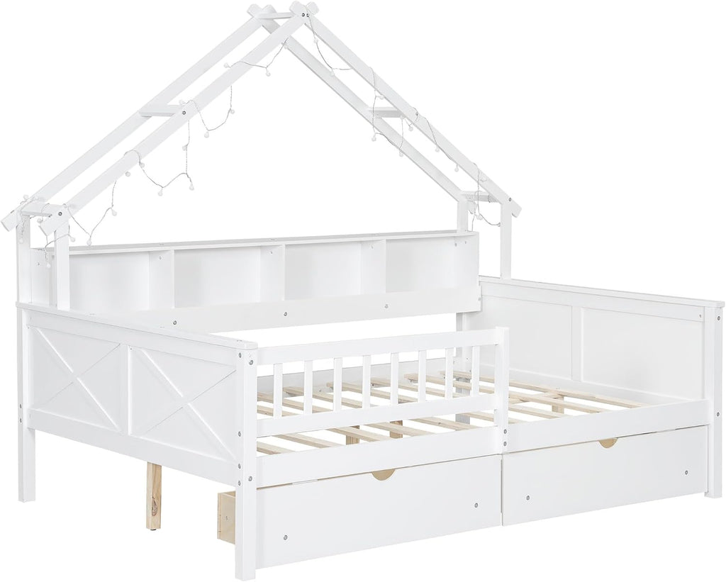 Bellemave Full Size Kids House Bed with Storage Drawers and Led Lights, Solid Wood House Frame Kids Bed with Bookshelf and Roof for Boys,Girls,White