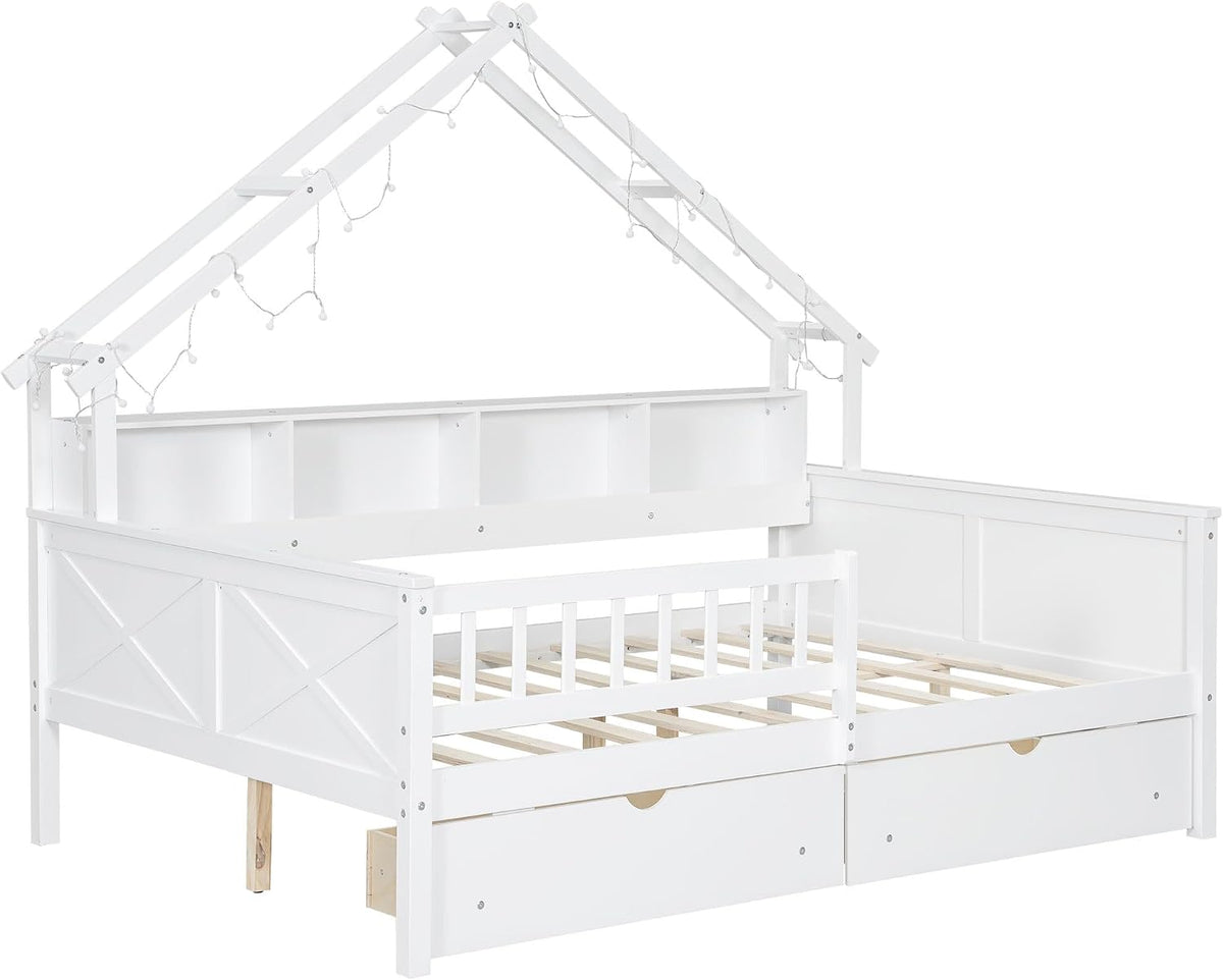 Bellemave Full Size Kids House Bed with Storage Drawers and Led Lights, Solid Wood House Frame Kids Bed with Bookshelf and Roof for Boys,Girls,White