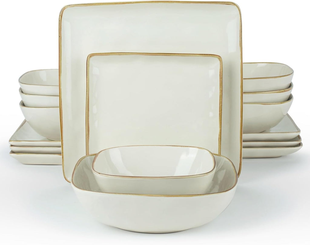 Famiware Ocean Square Plates and Bowls Sets for Kitchen, 16-Piece Dinnerware Sets for 4, Microwave and Dishwasher Safe, Vanilla White