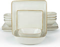 Famiware Ocean Square Plates and Bowls Sets for Kitchen, 16-Piece Dinnerware Sets for 4, Microwave and Dishwasher Safe, Vanilla White