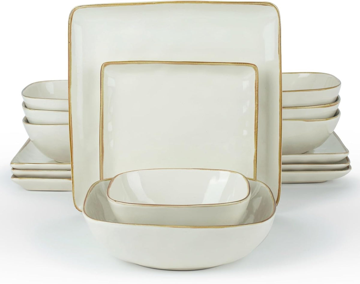 Famiware Ocean Square Plates and Bowls Sets for Kitchen, 16-Piece Dinnerware Sets for 4, Microwave and Dishwasher Safe, Vanilla White