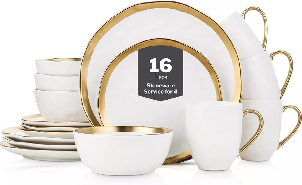 Stone Lain Modern Poreclain 16 Piece Dinnerware Set, Plates and Bowls Set, Dish set for 4, White And Golden Rim