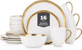 Stone Lain Modern Poreclain 16 Piece Dinnerware Set, Plates and Bowls Set, Dish set for 4, White And Golden Rim