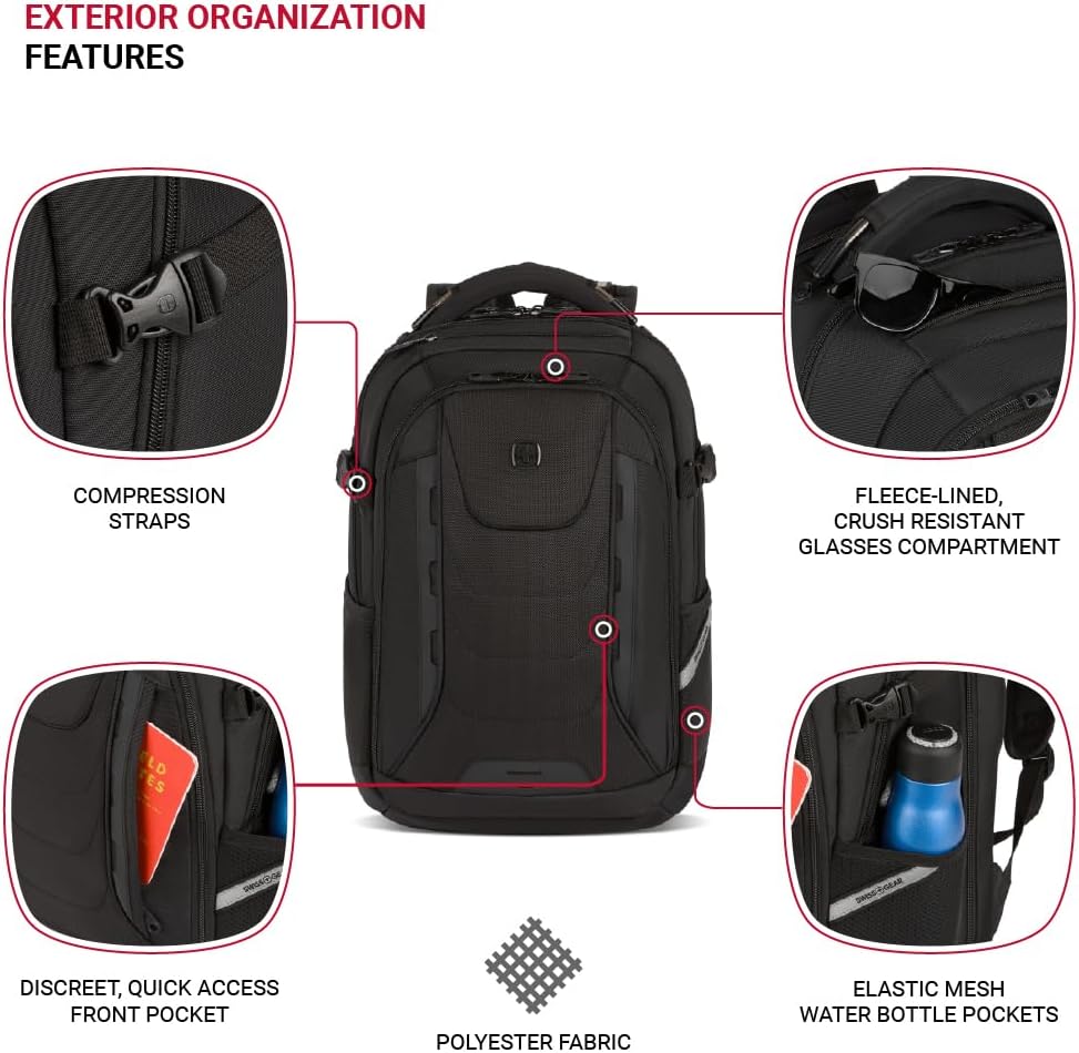 SwissGear Travel Tech Pro Laptop Backpack – Fits Laptops up to 16' – ScanSmart TSA-Friendly Backpack with Multiple Organizer Pockets – Black