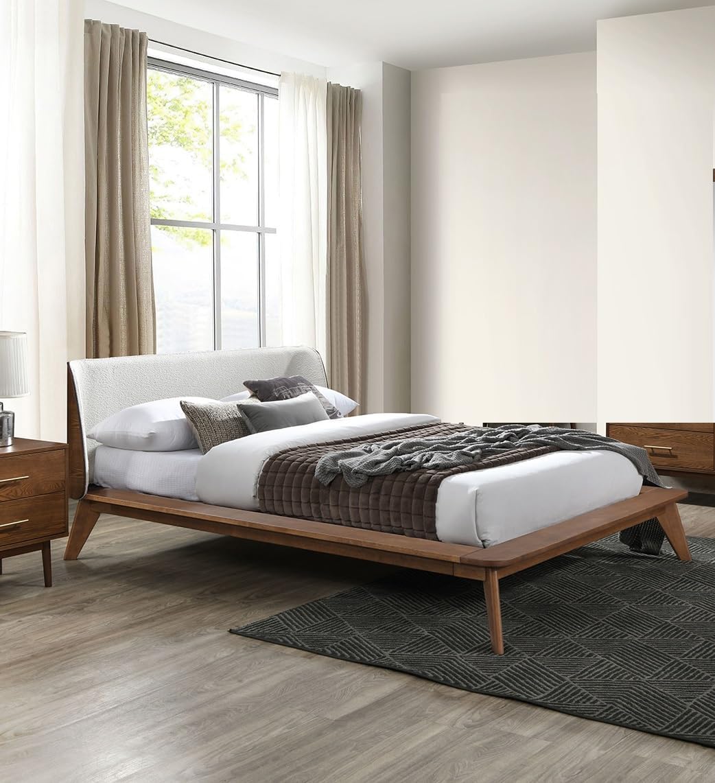 Gorgeous Walnut 3pc Bedroom Set King Size Bed 2X Nightstands Beige Upholstered Fabric Winged Edge Panel HB Mid-Century Modern Style