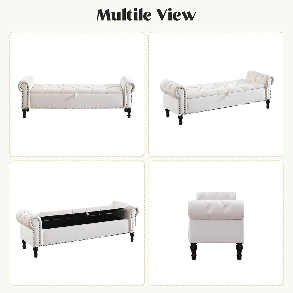 Velvet Storage Bench 67 Inch Upholstered Tufted Ottoman Bench with Arms Large Storage Space King Size End of Bed Benches for Bedroom Living Room Entryway Beige