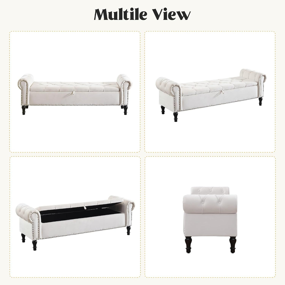 Velvet Storage Bench 67 Inch Upholstered Tufted Ottoman Bench with Arms Large Storage Space King Size End of Bed Benches for Bedroom Living Room Entryway Beige