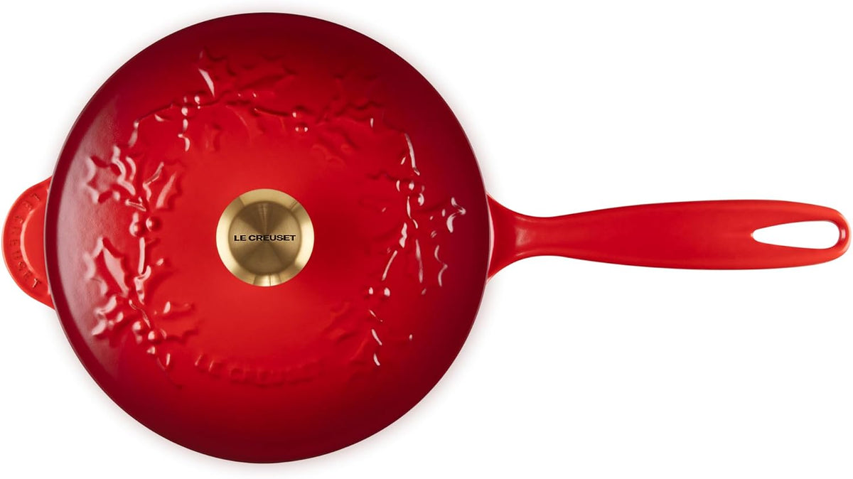 Le Creuset Enameled Cast Iron Holly Collection Saucier, 2.25 qt., Cerise with Gold Knob