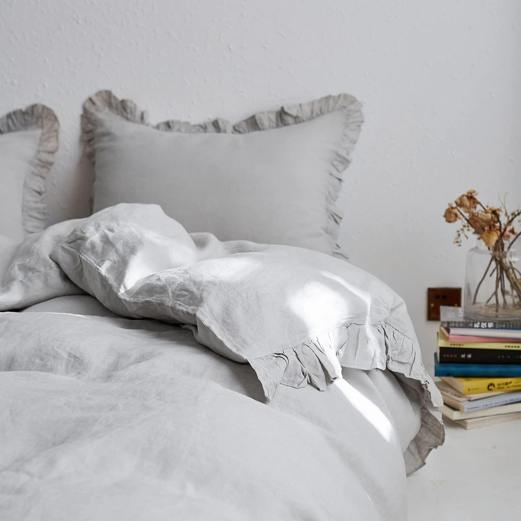 Simple&Opulence 100% Linen Duvet Cover Set, 3 PCS Natural French Flax Light Grey Ruffle Duvet Cover Full Size, Breathable Comfy Linen Bedding Comforter Cover with 2 Pillowcases (Light Grey, 78' X 86')