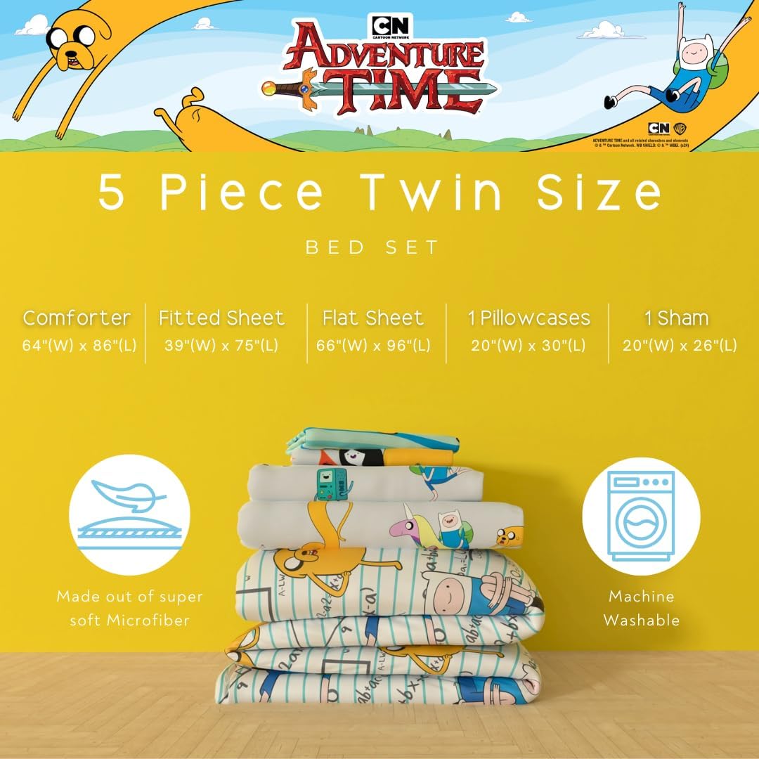 Adventure Time Finn & Jake 5 Piece Super Soft Cozy Reversible Comforter and Sheet Set with Sham, Twin, (Officially Licensed Product) By Franco