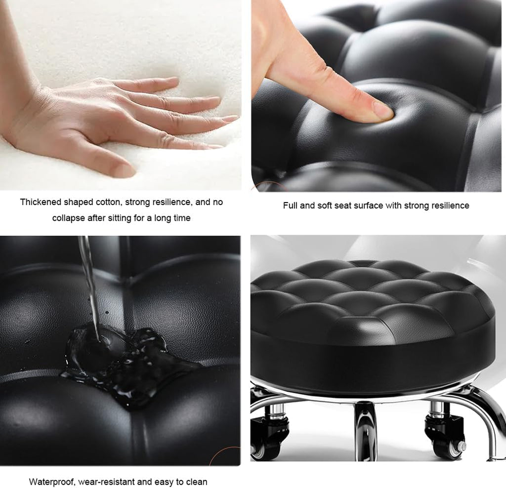 Heavy-Duty Low Roller Stool with 360° Swivel Wheels, Ottoman Footstool, Low-Height Short Rolling Stool Seat, PU Leather Small Mechanic Chair, Rolling Stools for Garage, Shop, Library Black