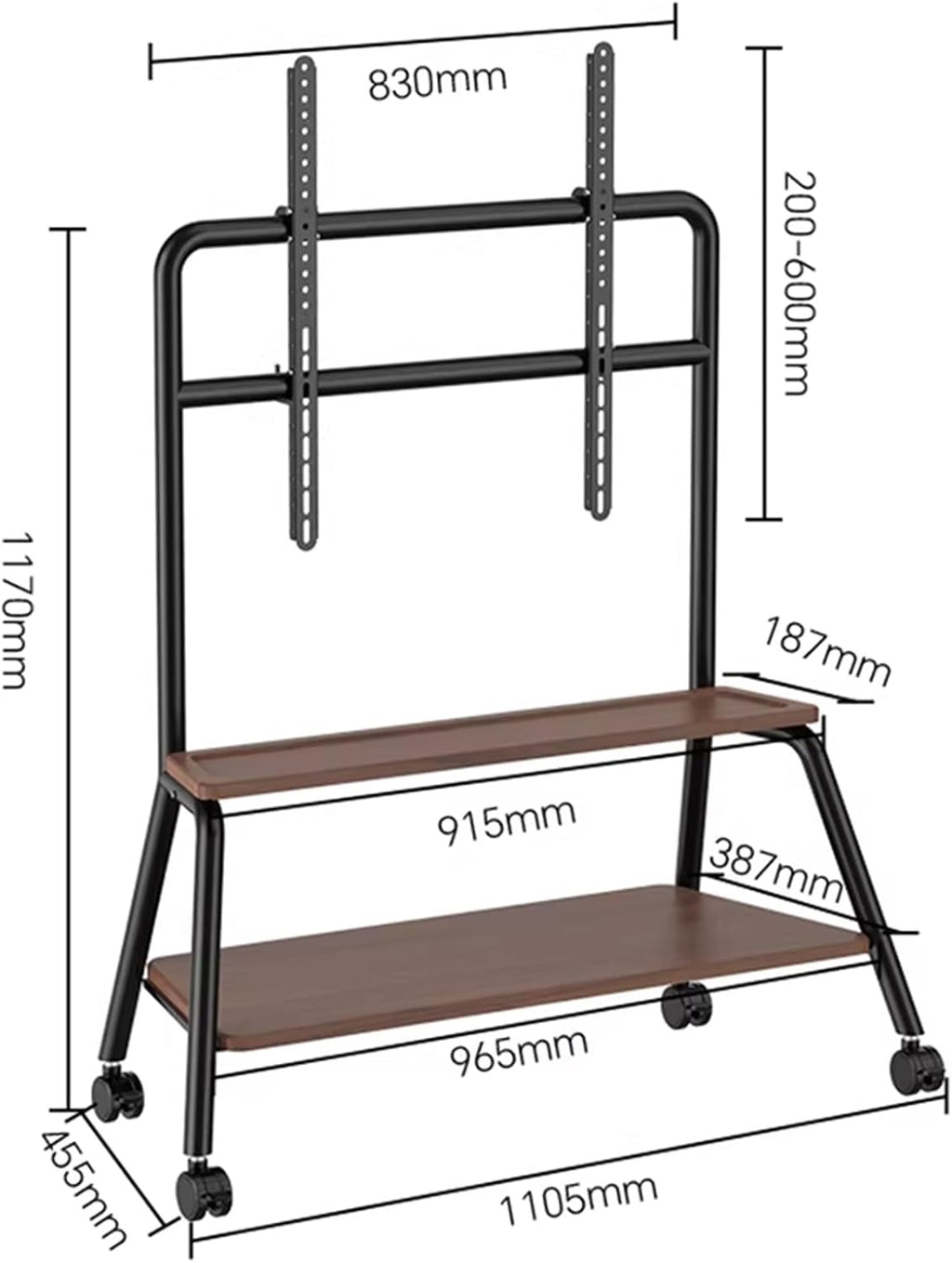 50-90IN Mobile Tv Stand on Wheels Cold-Rolled Steel Monitor Stand Double-Layer Storage Adjustable Height Tv Cart Free Movement Easy Installation for Bedroom, Living Room, Office(Black)