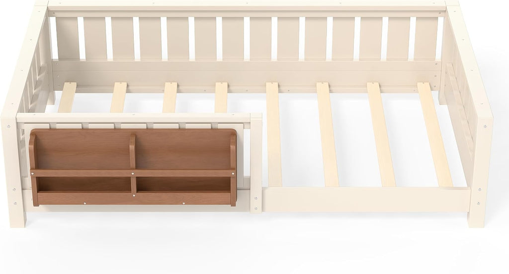 Bellemave Twin Size Montessori Floor Bed with Rails and Slats, Twin Size Floor Bed with Bookshelf and Fence, Low Profile Montessori Beds Frame for Girls, Boys, Beige