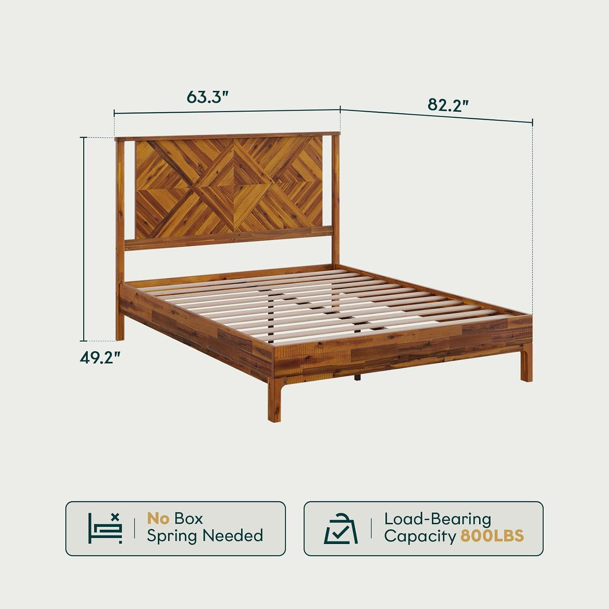 Bme Ethan Queen Bed Frame with Diamond Headboard, Mid Modern, Solid Acacia Wood, No Box Spring Needed, Fits All Mattresses, Rustic Caramel