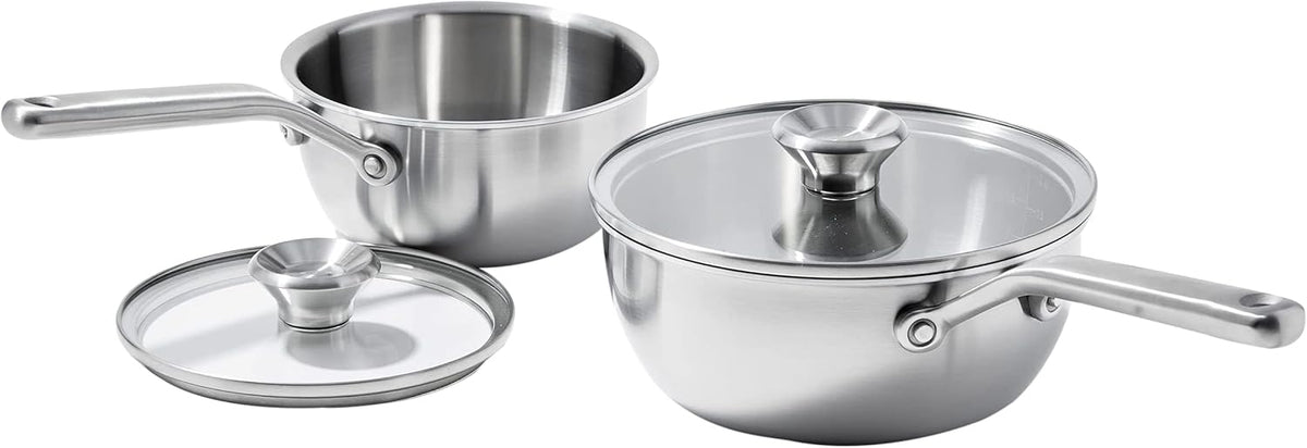 OXO Mira Tri-Ply Stainless Steel, 1.5QT and 3.57QT Chef's Pan Set with Lids, PFAS-Free, Multi Clad, Induction, Dishwasher Safe, Oven Safe, Silver