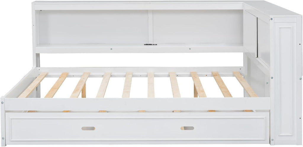 SOFTSEA Full Size Daybed with Trundle and Storage, L-Shaped Corner Bed with Bookcase, LED Lights & USB Ports, Wood Day Bed Frame with Reversible Headboard for Kids Teens Adults, White