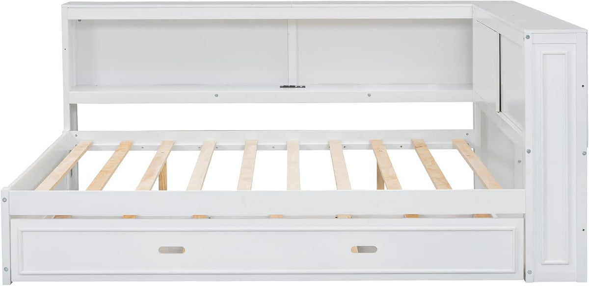 SOFTSEA Full Size Daybed with Trundle and Storage, L-Shaped Corner Bed with Bookcase, LED Lights & USB Ports, Wood Day Bed Frame with Reversible Headboard for Kids Teens Adults, White